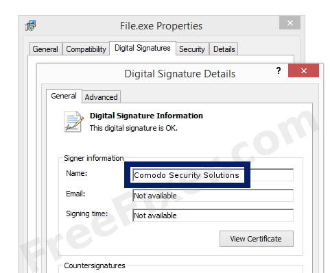 Screenshot of the Comodo Security Solutions certificate